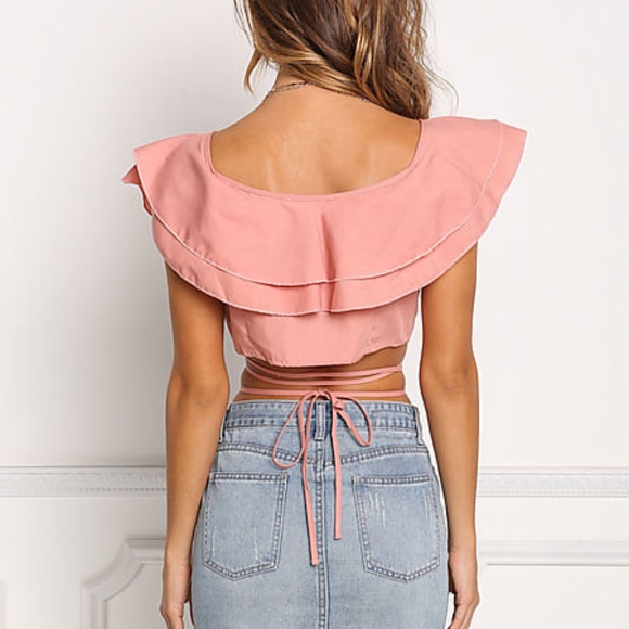 MAUVE LAYERED RUFFLE STRAPPY CROP TOP - Picture 4 of 5